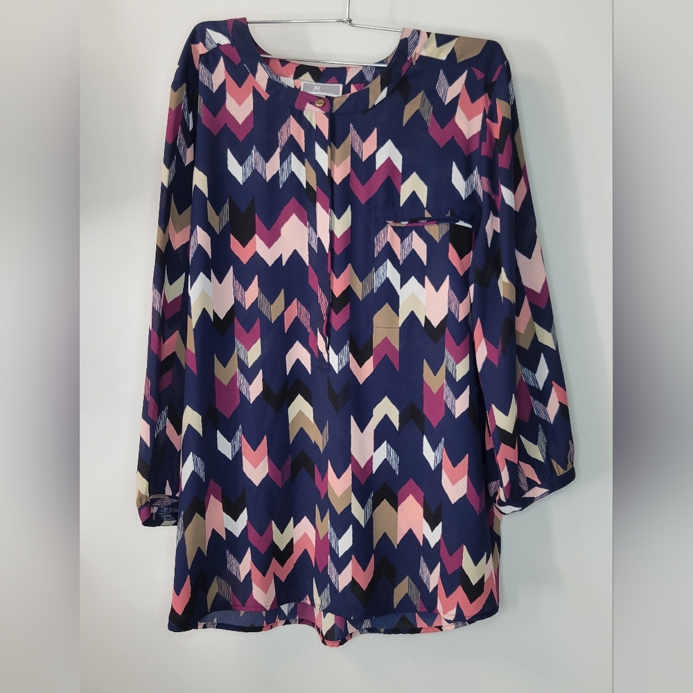 JM Collection Navy Blue White Pink Tan Geometric Arrows Blouse Shirt Top Sz XL